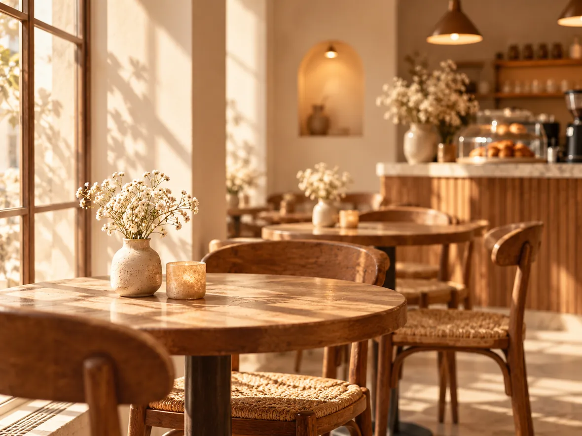 Warm café interior with wooden tables and soft lighting